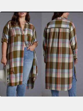 Cato Side-Slit Maxi Tunic Buttondown Womens Sz 18/20 Green Plaid Boho Festival